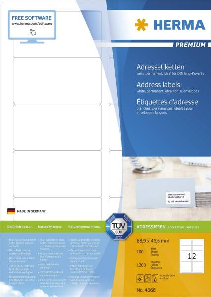 HERMA Adressetiketten Premium 88,9x46,6 mm ws 4666 DIN-Kuvert 1200 St. permanent