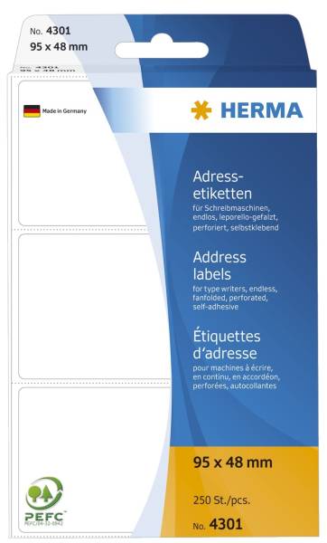 HERMA Adressetiketten Endlos 95x48mm weiß 4301 250 Stück leporello-gefalzt