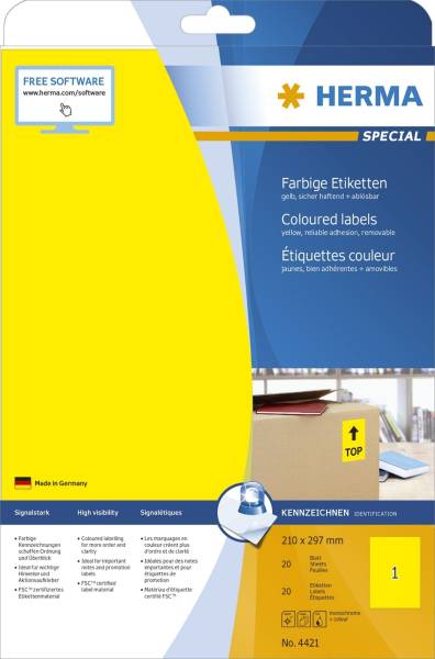 HERMA Super-Print Etiketten gelb 4421-A4/297Lmm/210Bmm
