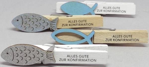 Holzfisch auf Klammer Konfirmation sort. 903 7,2cm Holz