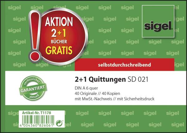 SIGEL Kassen-Quittung A6/2x40 Blatt 3 Stück T1178 2+1 (gratis) Aktion