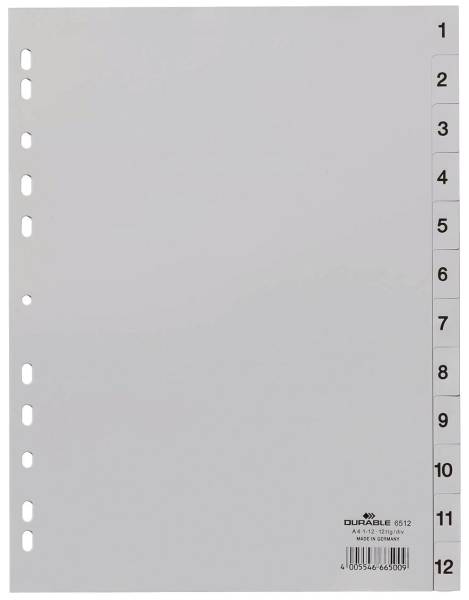 DURABLE Register Plastik 1-12 grau A4 6512 10 geprägte Taben