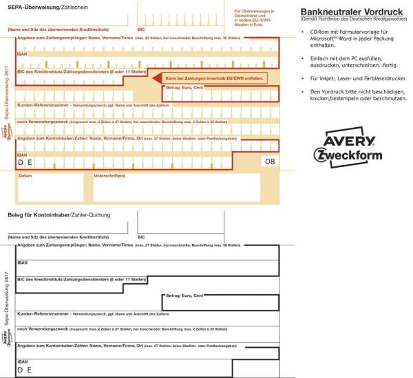 AVERY ZWECKFORM PC Formular SEPA-Überweisung 2817