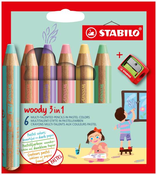 STABILO Farbstifte Woody 6ST Pastell 8806-3 + Spitzer