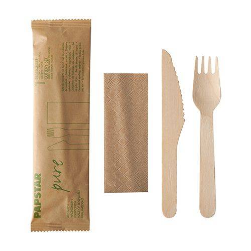 PAPSTAR 50 Besteckset, Holz pure 88229 Messer, Gabel, Serviette