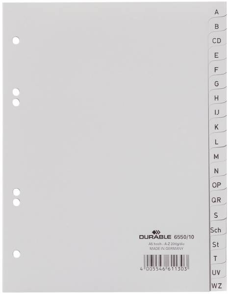 DURABLE Register Plastik A-Z A5 20tlg. grau 6550 10 geprägte Taben