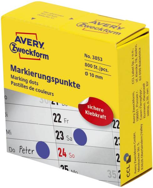 AVERY ZWECKFORM Markierungspunkte D10mm blau 3853