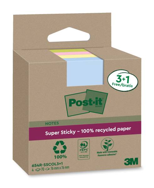 POST-IT Haftnotizblock Recycled farbig 654 RSSCOL 3+1F 76x76mm