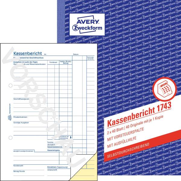 AVERY ZWECKFORM Kassenbuch Bericht A5 2x40Blatt SD blau 1743