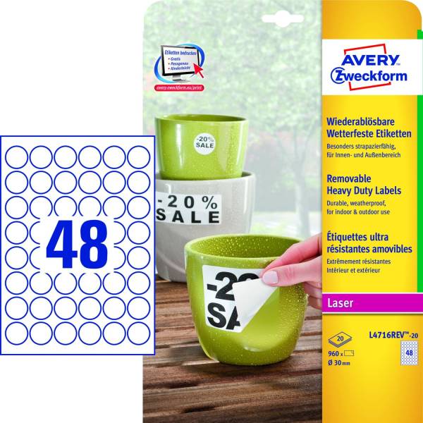 AVERY ZWECKFORM Folienetiketten Ø30mm weiß L4716REV-20