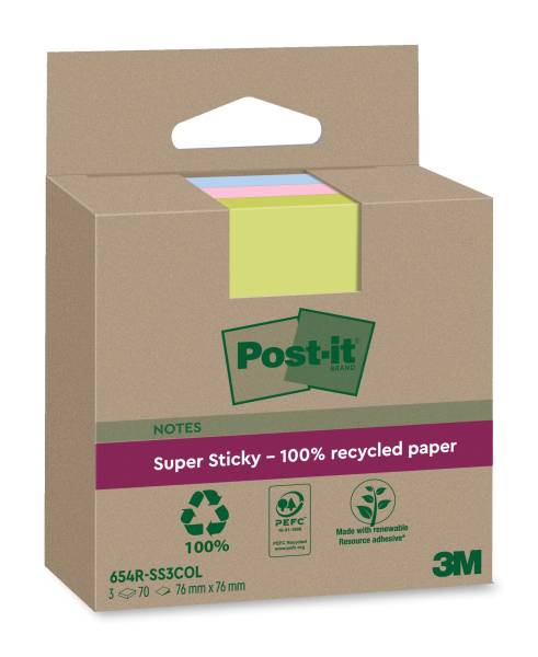 POST-IT Haftnotizblock Recycled 3x70BL farbig 654 RSS3COL 76x76mm Super Sticky