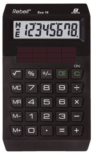 REBELL Öko-Taschenrechner Eco10 schw. 802358 8stellig 118x70x13mm