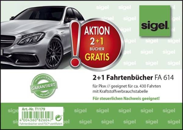 SIGEL Fahrtenbuch A6 40BL für PKW 3ST T1179 2+1 (gratis) Aktion